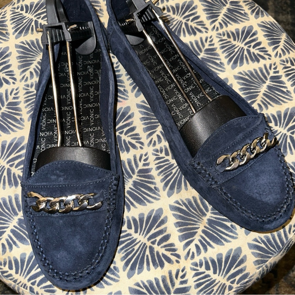Vionic Mesa Navy Blue leather Loafer Moccasin Sz 11 no insole